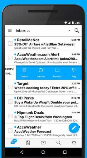 AOL Mail mobile app showing unlimited storage and simple interface